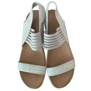Skechers Beverlee Cork Wedge Gray Denim Linen Stretch Sandal Neutral Sz 11